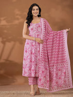 Thumbnail for Yufta Purple Cotton Anarkali Square Neck Kurta Dupatta Set