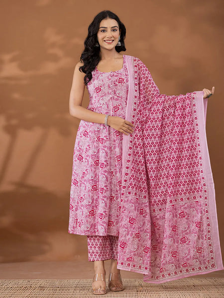Yufta Purple Cotton Anarkali Square Neck Kurta Dupatta Set