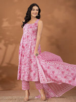 Thumbnail for Yufta Purple Cotton Anarkali Square Neck Kurta Dupatta Set