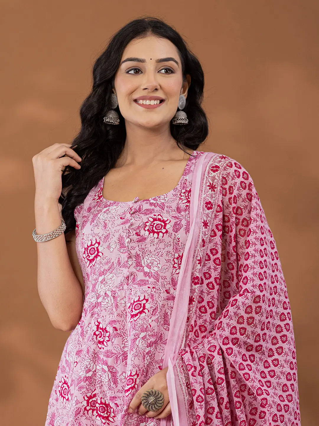 Yufta Purple Cotton Anarkali Square Neck Kurta Dupatta Set