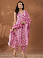 Thumbnail for Yufta Purple Cotton Anarkali Square Neck Kurta Dupatta Set