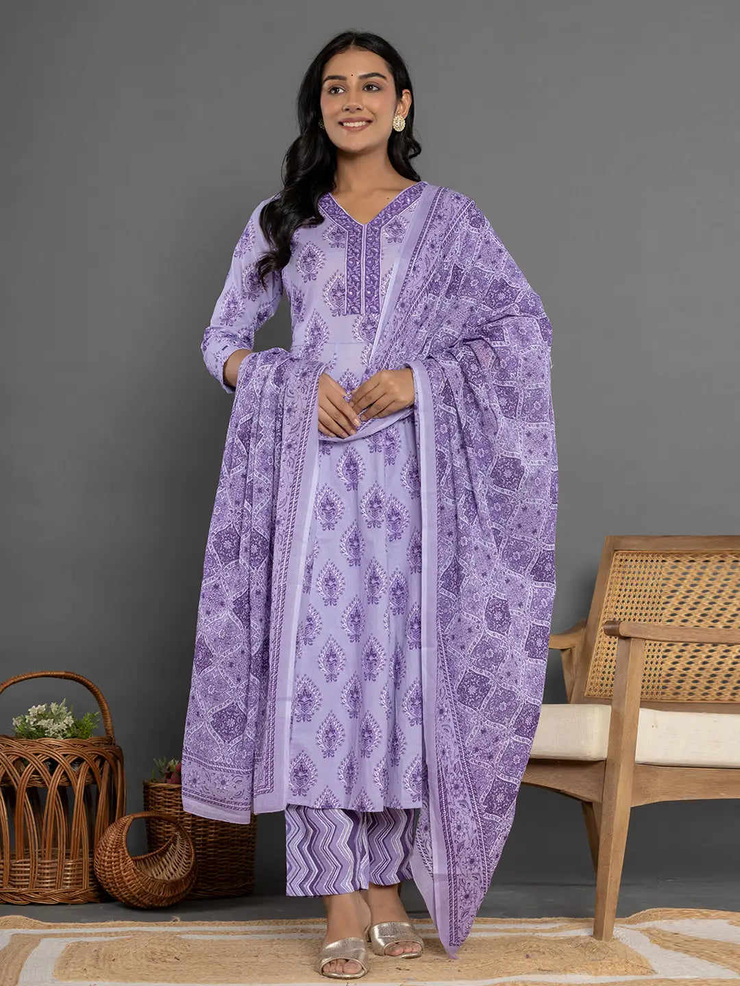 Yufta Purple Cotton Ethnic Motifs Kurta Dupatta Set - Distacart