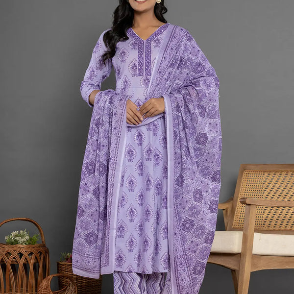 Yufta Purple Cotton Ethnic Motifs Kurta Dupatta Set - Distacart