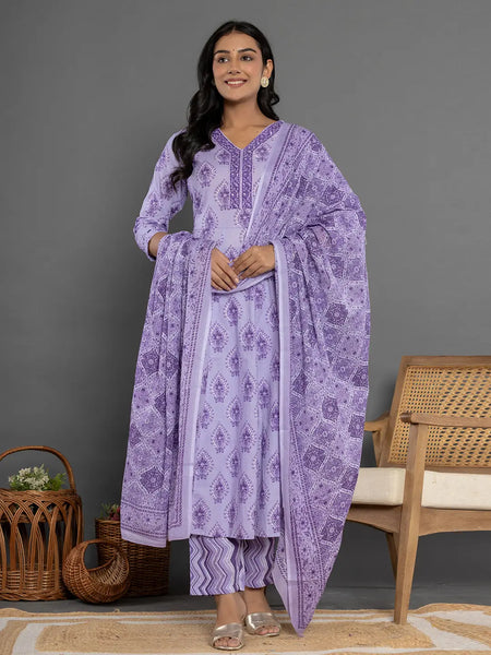 Yufta Purple Cotton Ethnic Motifs Kurta Dupatta Set