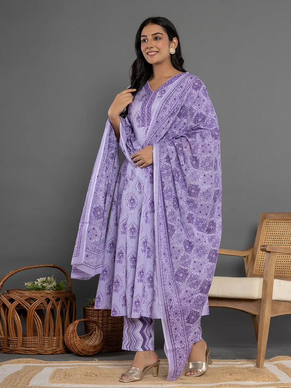 Yufta Purple Cotton Ethnic Motifs Kurta Dupatta Set