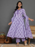 Thumbnail for Yufta Purple Cotton Ethnic Motifs Kurta Dupatta Set