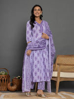 Thumbnail for Yufta Purple Cotton Ethnic Motifs Kurta Dupatta Set