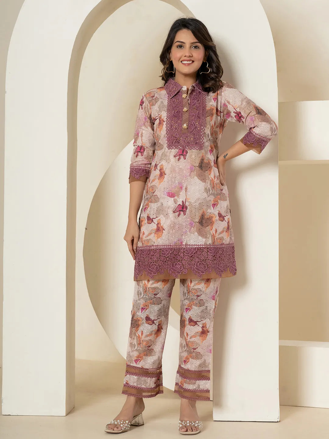Yufta Purple Cotton Schiffli Co-Ord Set With Lace Detailing - Distacart