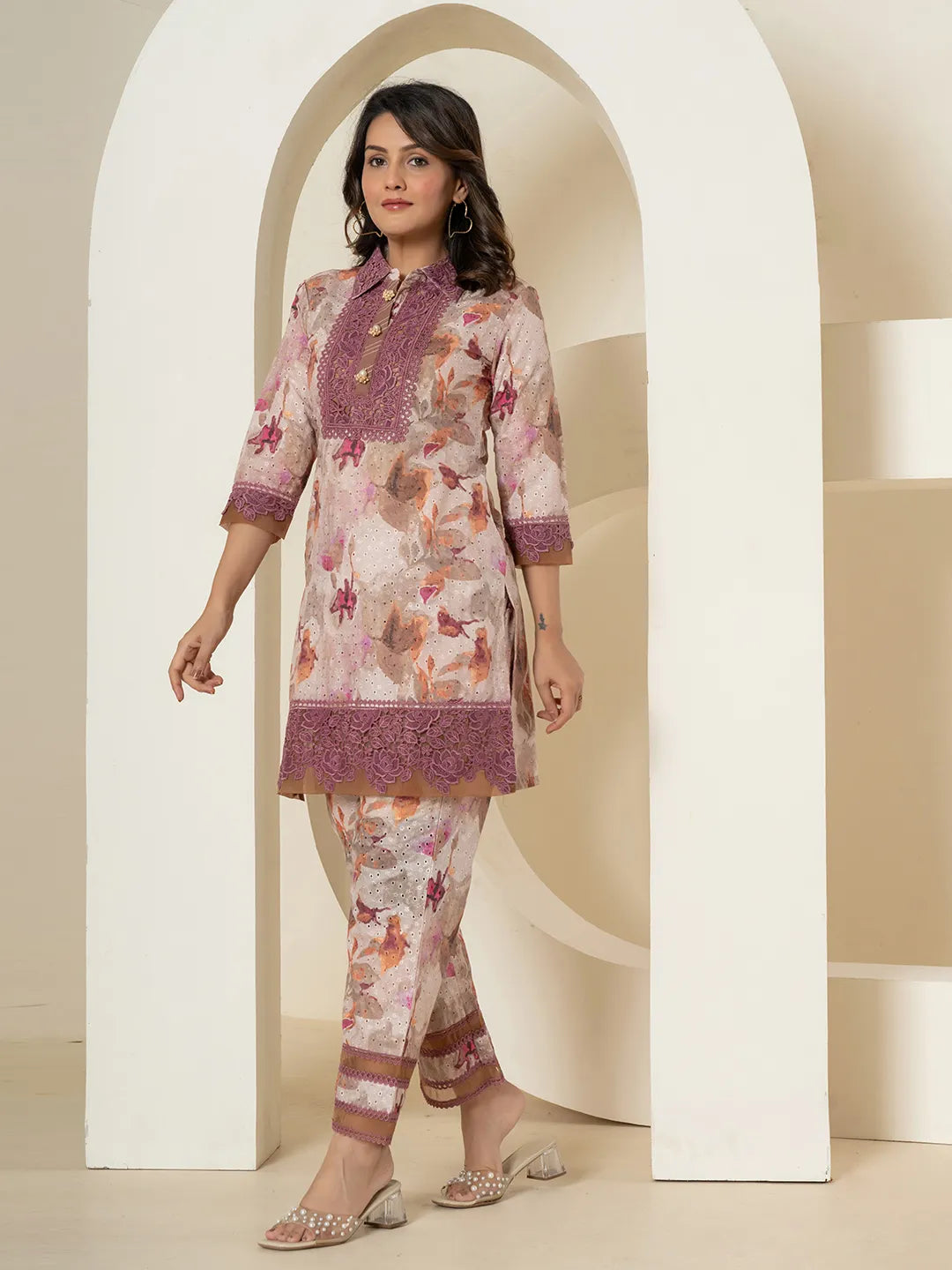Yufta Purple Cotton Schiffli Co-Ord Set With Lace Detailing - Distacart