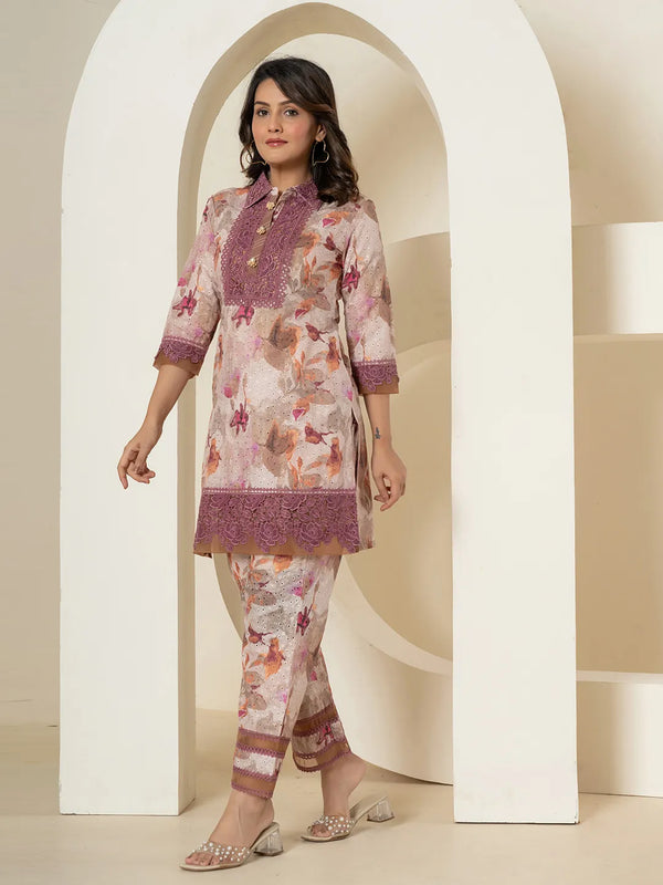 Yufta Purple Cotton Schiffli Co-Ord Set With Lace Detailing
