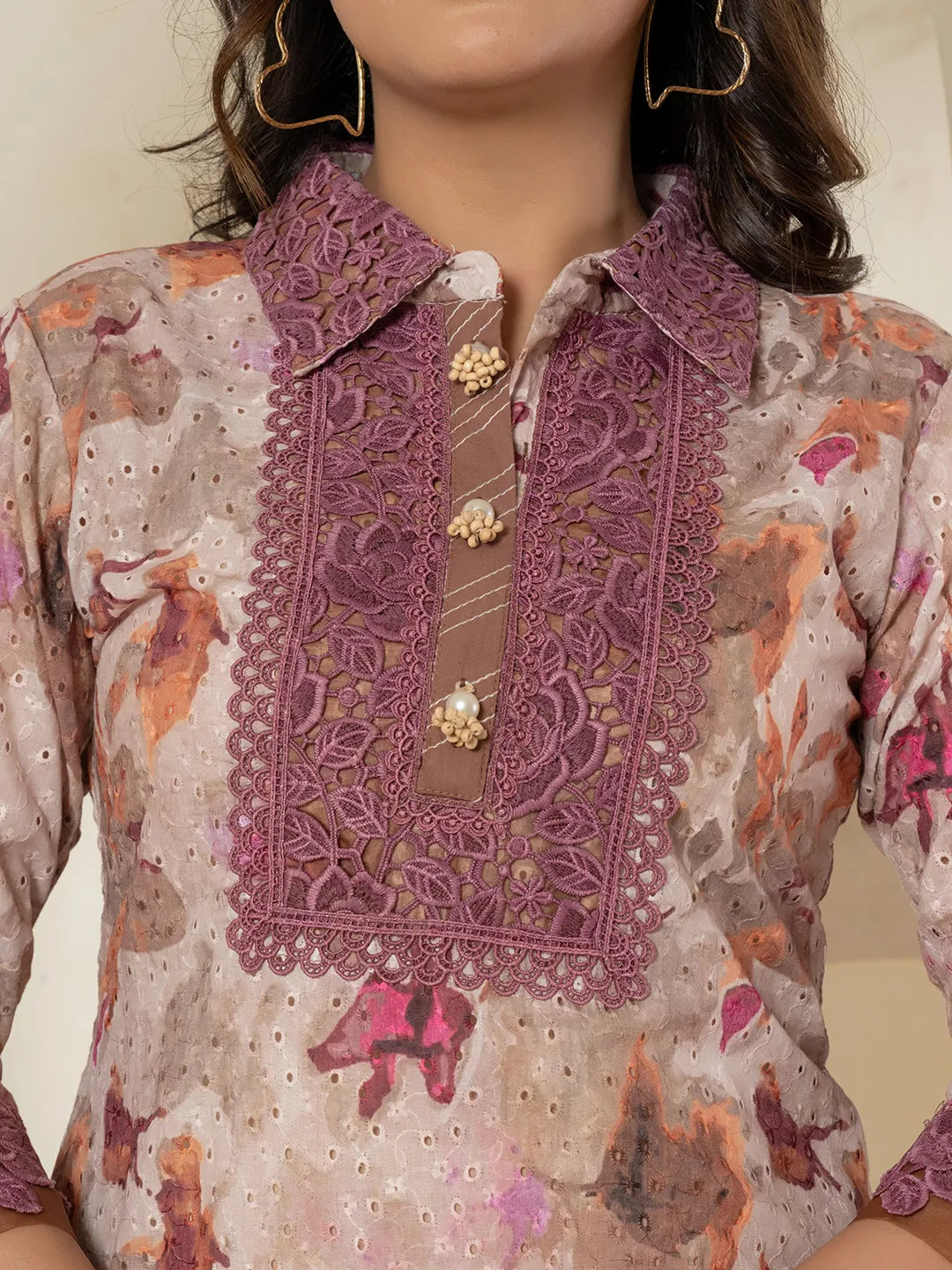 Yufta Purple Cotton Schiffli Co-Ord Set With Lace Detailing