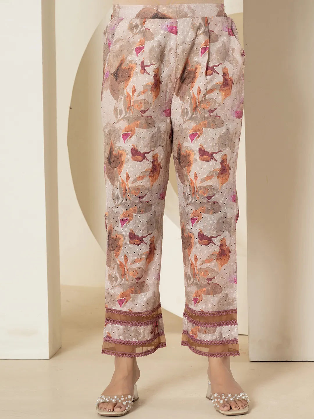 Yufta Purple Cotton Schiffli Co-Ord Set With Lace Detailing