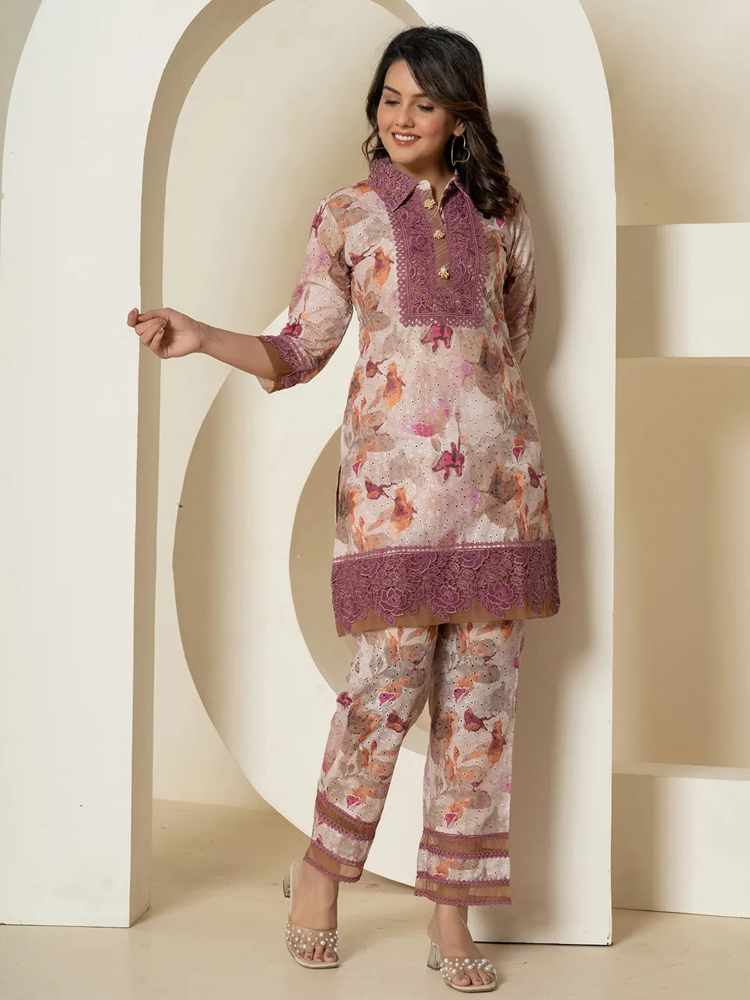 Yufta Purple Cotton Schiffli Co-Ord Set With Lace Detailing