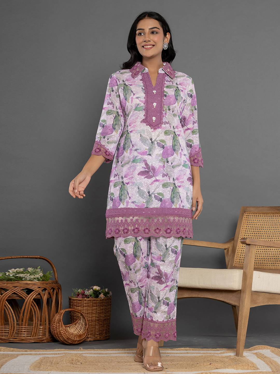 Yufta Purple Cotton Schiffli Co-Ord Set With Lace - Distacart