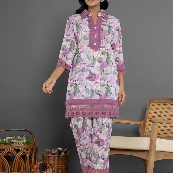 Yufta Purple Cotton Schiffli Co-Ord Set With Lace - Distacart
