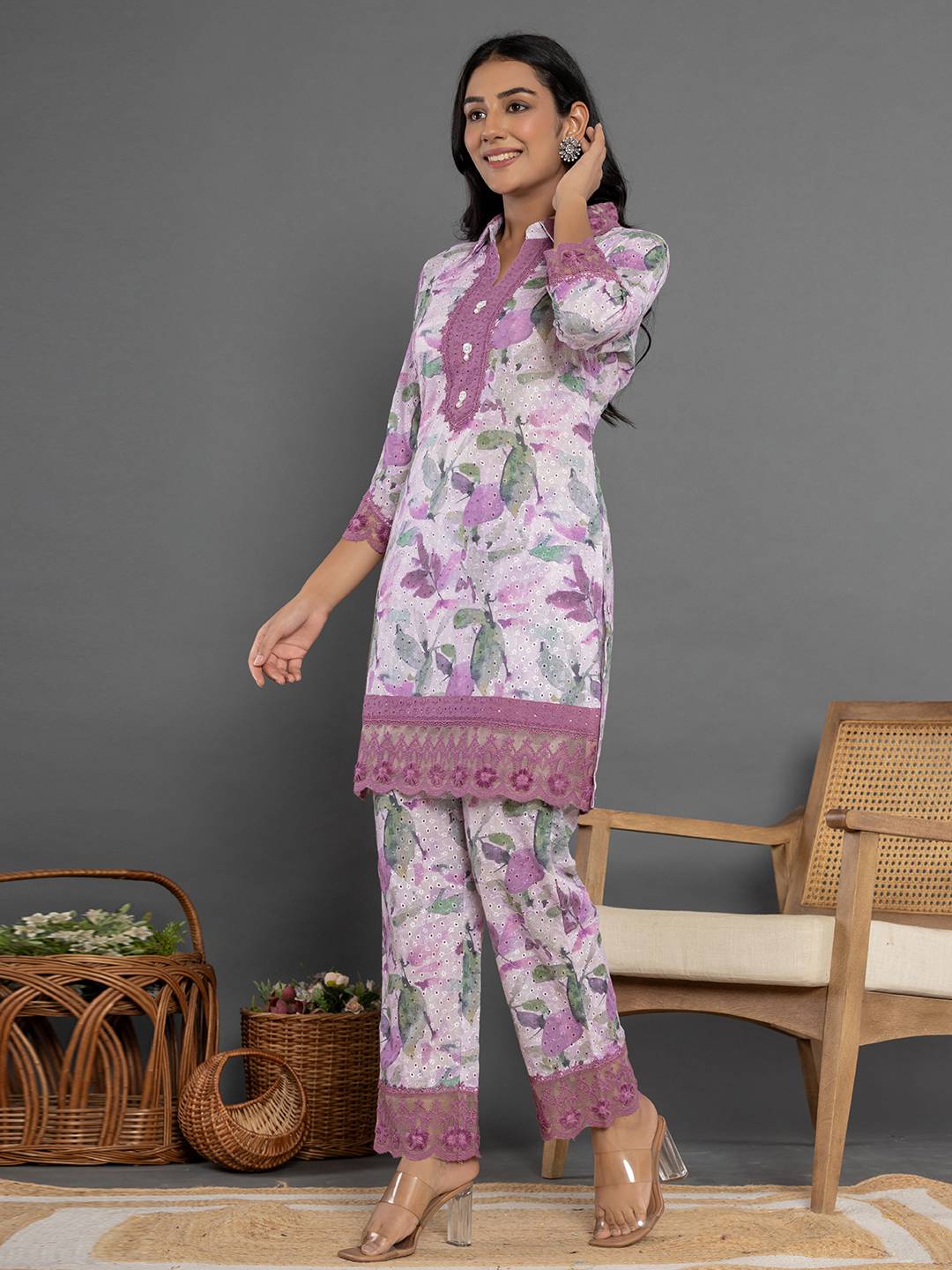 Yufta Purple Cotton Schiffli Co-Ord Set With Lace - Distacart