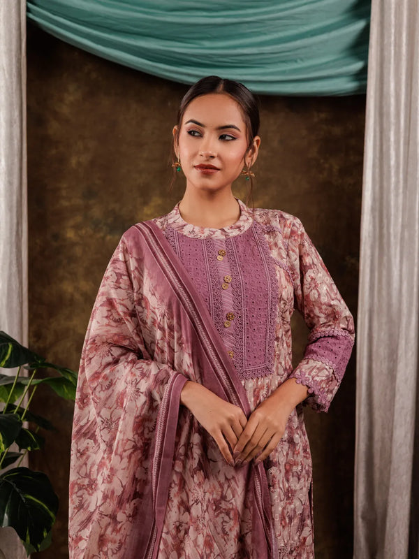 Yufta Purple Cotton Schiffli Kurta Dupatta Set With Lace Detailing