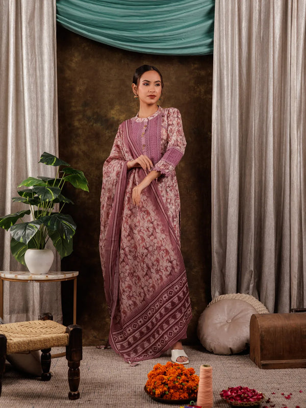 Yufta Purple Cotton Schiffli Kurta Dupatta Set With Lace Detailing