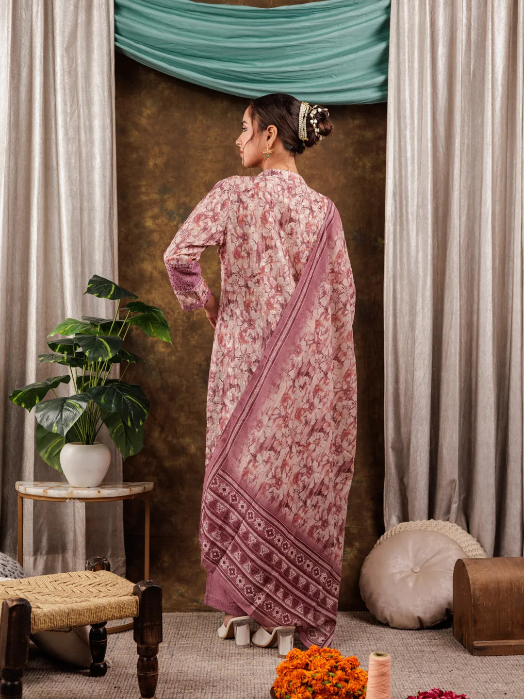Yufta Purple Cotton Schiffli Kurta Dupatta Set With Lace Detailing
