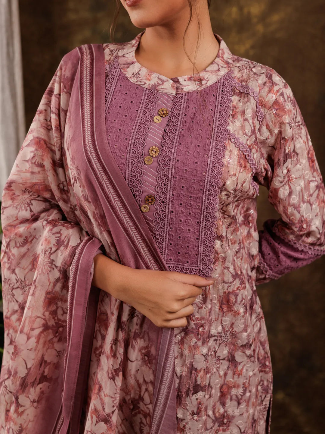 Yufta Purple Cotton Schiffli Kurta Dupatta Set With Lace Detailing