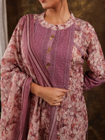 Thumbnail for Yufta Purple Cotton Schiffli Kurta Dupatta Set With Lace Detailing