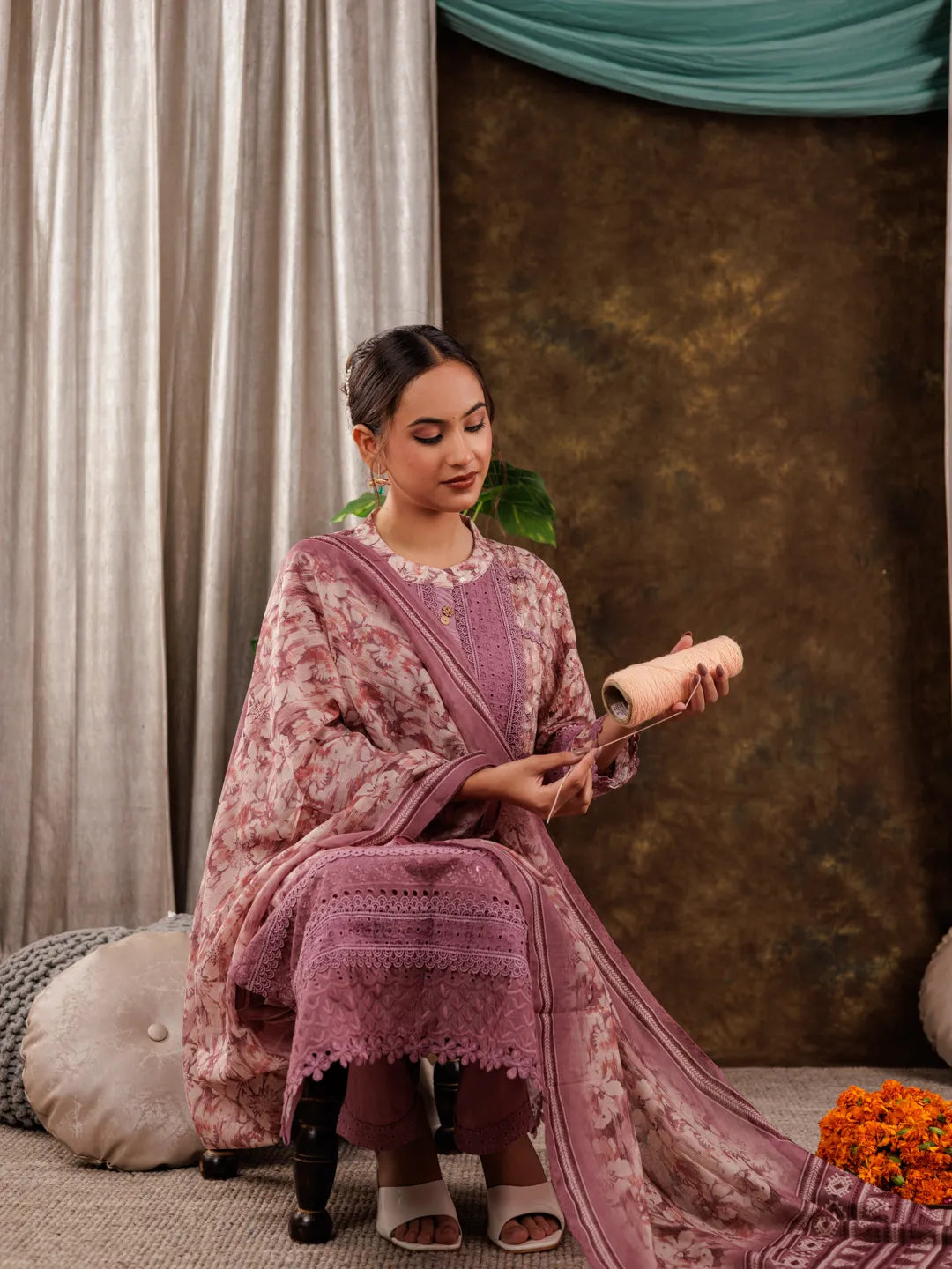 Yufta Purple Cotton Schiffli Kurta Dupatta Set With Lace Detailing