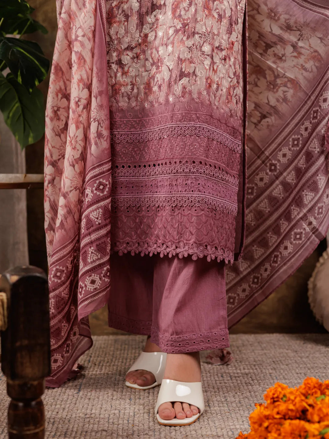 Yufta Purple Cotton Schiffli Kurta Dupatta Set With Lace Detailing