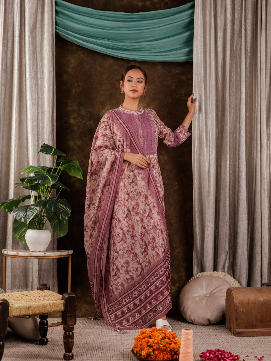 Yufta Purple Cotton Schiffli Kurta Dupatta Set With Lace Detailing