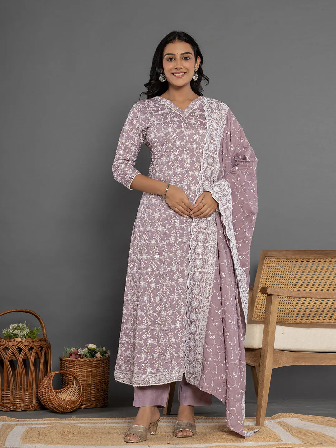 Yufta Purple Cotton Silk Embroidered Anarkali Kurta Dupatta Set - Distacart