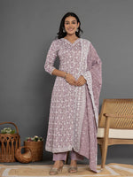 Thumbnail for Yufta Purple Cotton Silk Embroidered Anarkali Kurta Dupatta Set - Distacart
