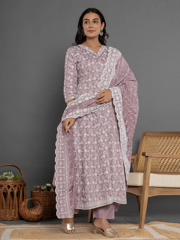 Yufta Purple Cotton Silk Embroidered Anarkali Kurta Dupatta Set - Distacart