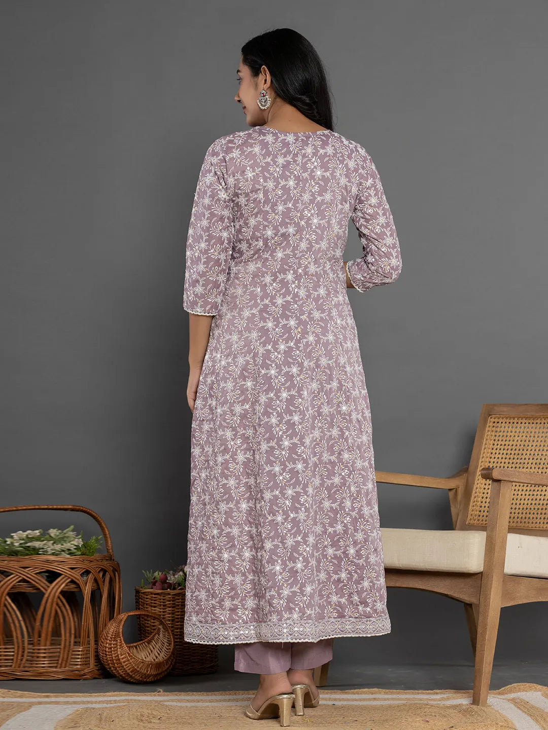 Yufta Purple Cotton Silk Embroidered Anarkali Kurta Dupatta Set - Distacart