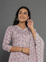 Thumbnail for Yufta Purple Cotton Silk Embroidered Anarkali Kurta Dupatta Set - Distacart