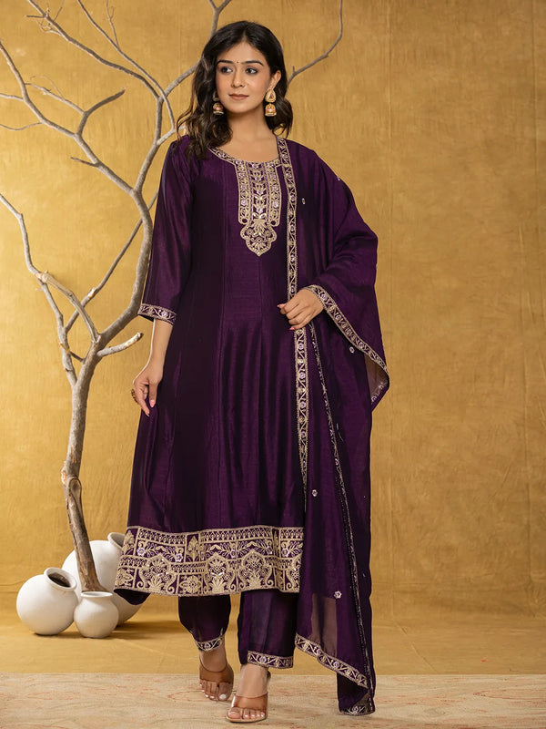 Yufta Purple Embroidered Anarkali Kurta Dupatta Set