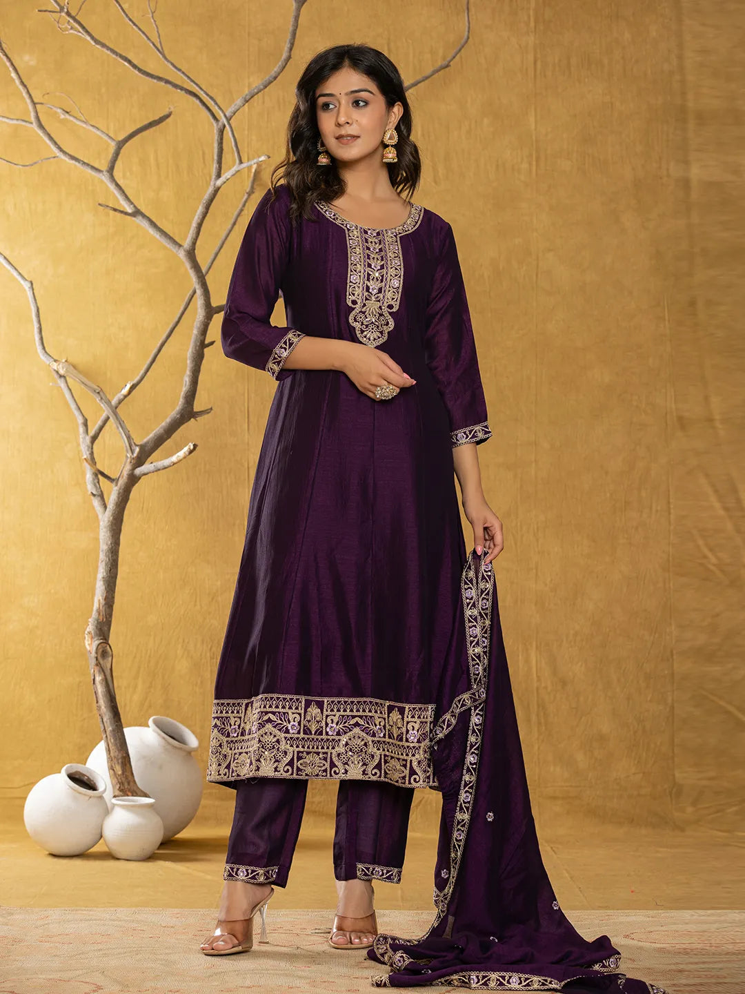 Yufta Purple Embroidered Anarkali Kurta Dupatta Set - Distacart
