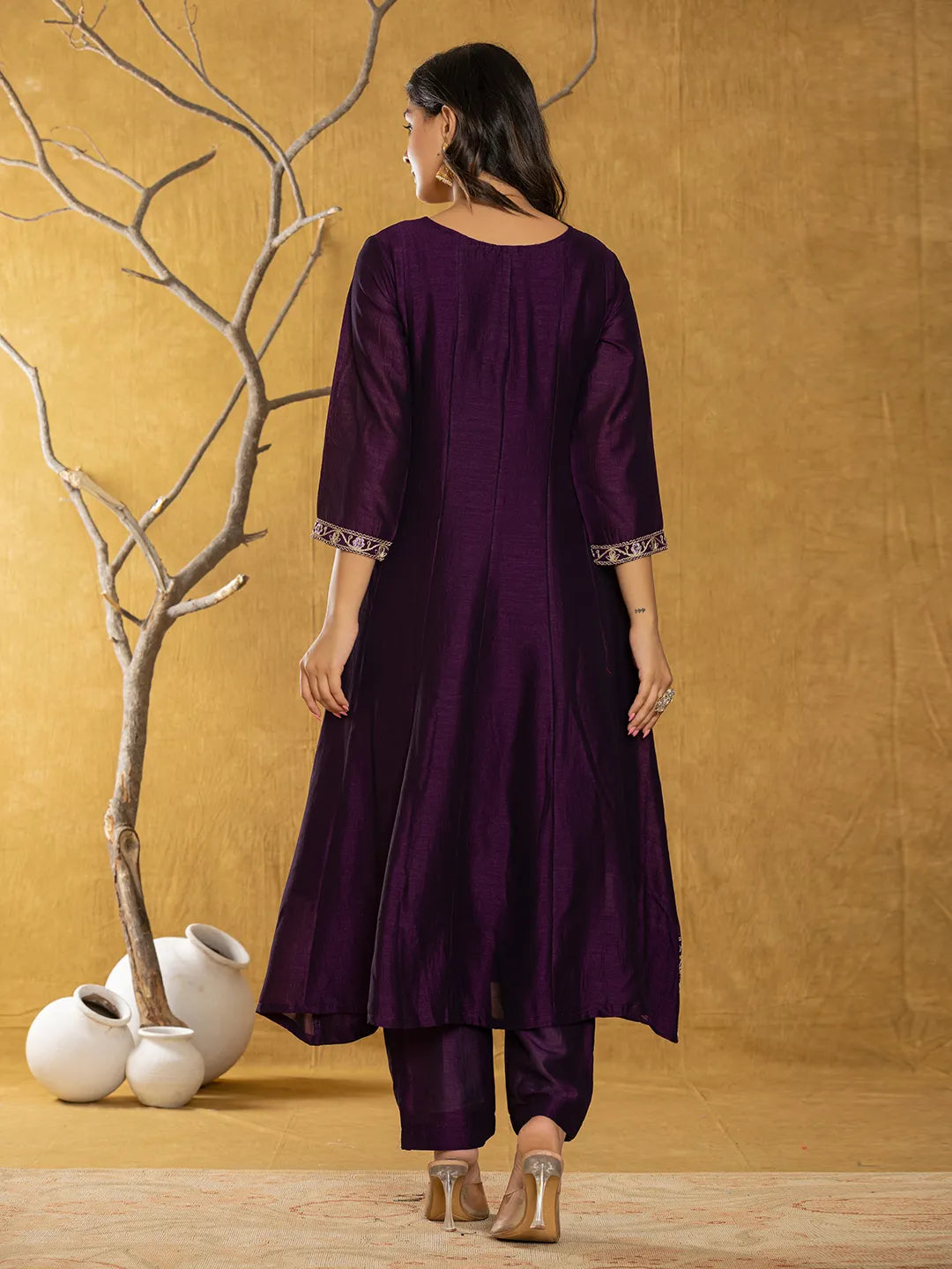 Yufta Purple Embroidered Anarkali Kurta Dupatta Set