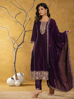 Thumbnail for Yufta Purple Embroidered Anarkali Kurta Dupatta Set