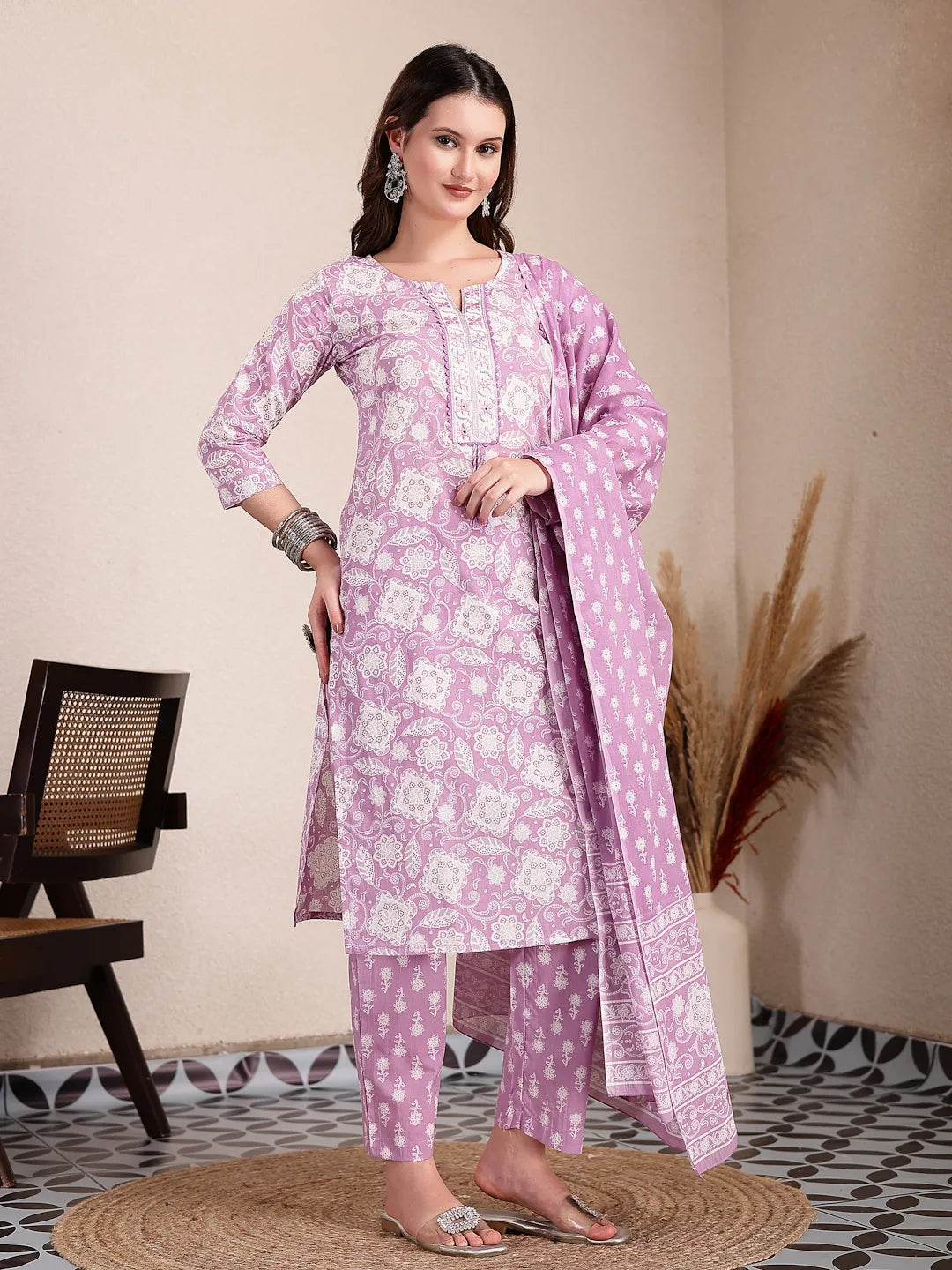 Yufta Purple Ethnic Motifs Print Straight Kurta Trouser Dupatta Set - Distacart