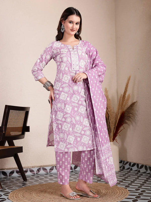 Yufta Purple Ethnic Motifs Print Straight Kurta Trouser Dupatta Set