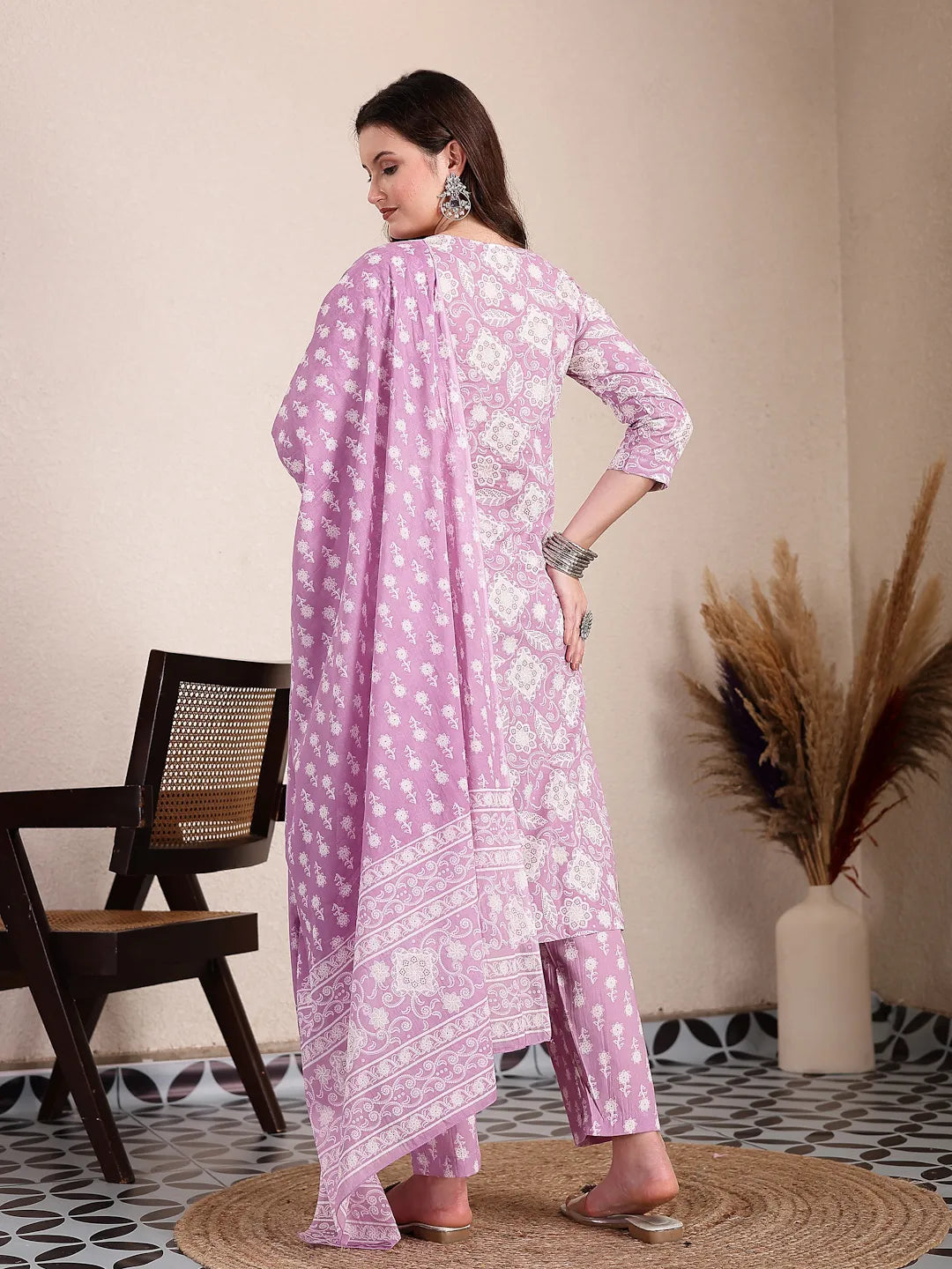 Yufta Purple Ethnic Motifs Print Straight Kurta Trouser Dupatta Set