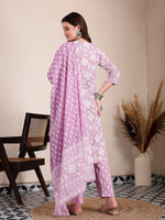 Thumbnail for Yufta Purple Ethnic Motifs Print Straight Kurta Trouser Dupatta Set