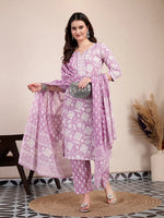 Thumbnail for Yufta Purple Ethnic Motifs Print Straight Kurta Trouser Dupatta Set