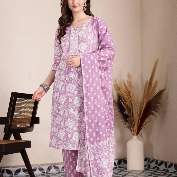 Yufta Purple Ethnic Motifs Print Straight Kurta Trouser Dupatta Set - Distacart