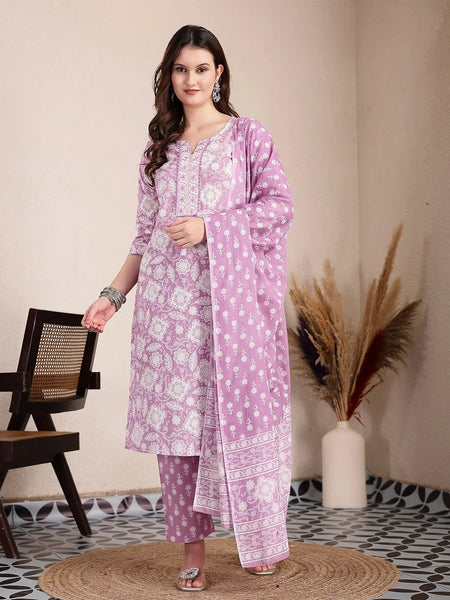 Yufta Purple Ethnic Motifs Print Straight Kurta Trouser Dupatta Set