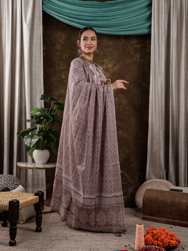 Yufta Purple Ethnic Motifs Pure Cotton Kurta Dupatta Set With Lace Detailing