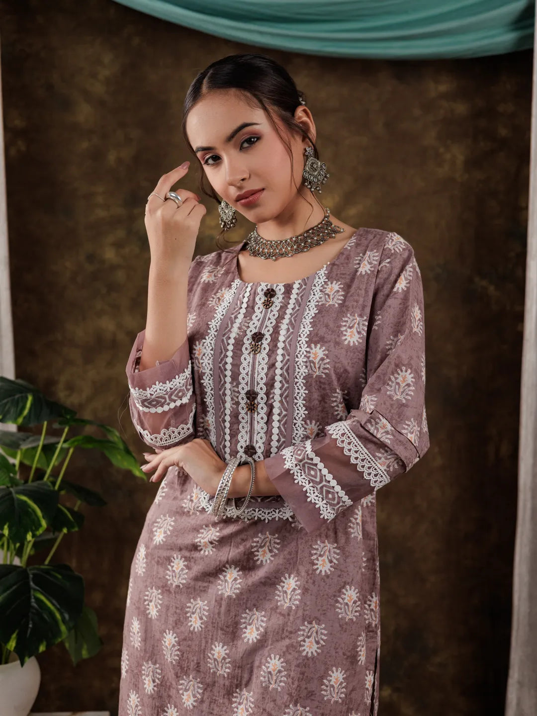 Yufta Purple Ethnic Motifs Pure Cotton Kurta Dupatta Set With Lace Detailing