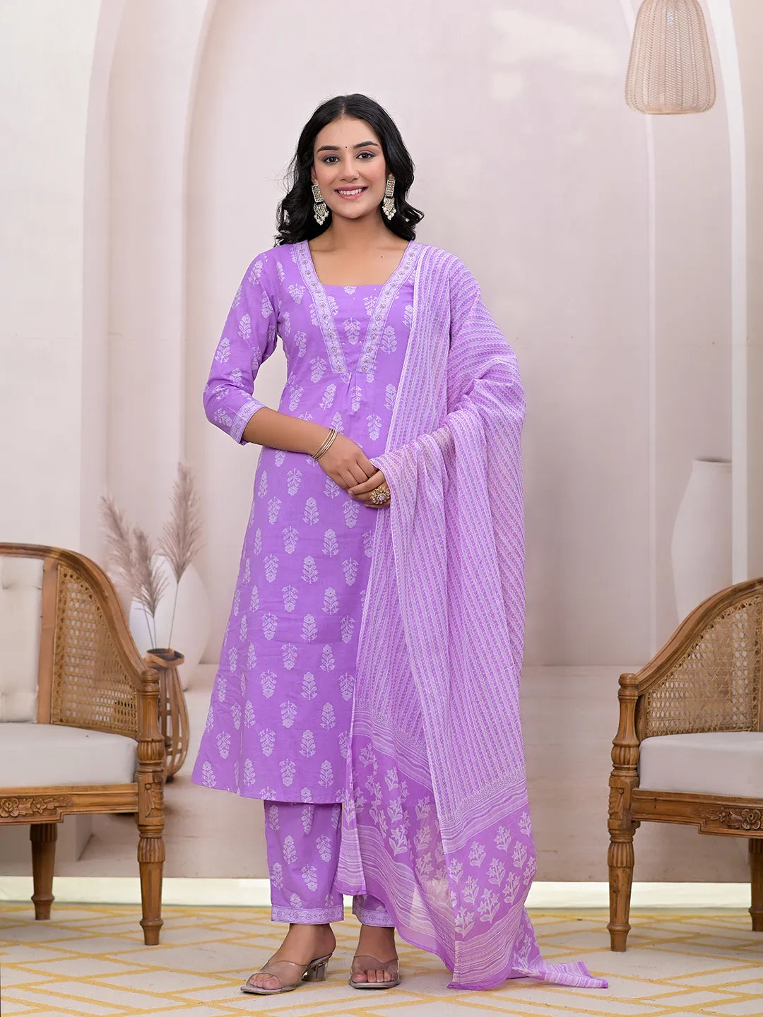 Yufta Purple Floral Cotton A-Line Suit Set - Distacart