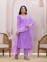 Thumbnail for Yufta Purple Floral Cotton A-Line Suit Set