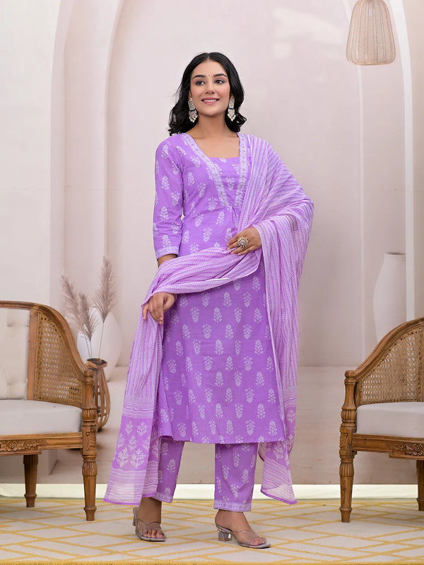 Yufta Purple Floral Cotton A-Line Suit Set