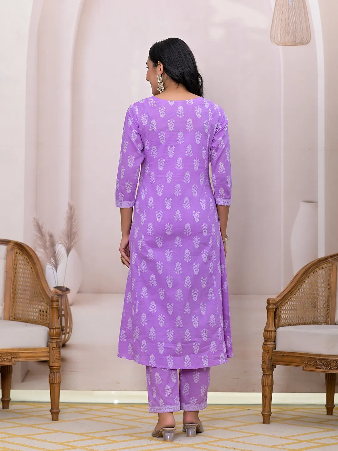 Yufta Purple Floral Cotton A-Line Suit Set